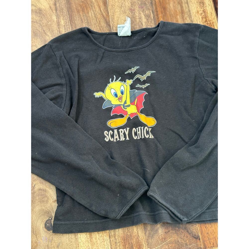 Vintage Looney Tones Women's Black Scary Chick Crew Neck Crop Top Size
